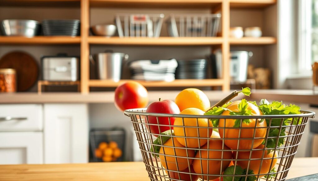 A rustic wire storage basket filled with fresh produce sits prominently in the foreground, showcasing its open design and intricate weave. The basket is a warm, galvanized silver color, reflecting soft, natural light that highlights its texture. In the middle ground, a neatly organized pantry shelf displays a variety of solid metal baskets, contrasting in style and color—some sleek and shiny, others with a matte finish. The background features a softly blurred kitchen setting with wooden shelves and sunlight filtering through a window, creating a warm and inviting atmosphere. The overall mood is curated and practical, emphasizing the functionality and aesthetic of wire versus solid metal baskets in home organization. The shot is taken from a slightly elevated angle to capture all elements harmoniously.