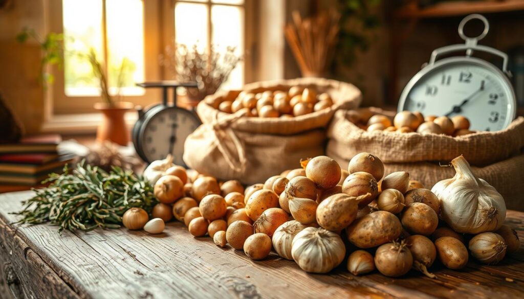 A rustic wooden table in the foreground is adorned with freshly harvested potatoes, onions, and garlic, showcasing an array of earthy tones and textures. The middle ground features burlap sacks filled with the cured produce, surrounded by dried herbs and a vintage scale. In the background, soft sunlight filters through a window, illuminating the scene with a warm, inviting glow, casting gentle shadows that enhance the natural textures of the vegetables. The overall mood is one of homely charm and the satisfaction of preserving the harvest. The image is shot from a slightly elevated angle to capture the depth of the arrangement, emphasizing the connection between the produce and the nurturing process of storage and curing. A rustic wooden table in the foreground is adorned with freshly harvested potatoes, onions, and garlic, showcasing an array of earthy tones and textures. The middle ground features burlap sacks filled with the cured produce, surrounded by dried herbs and a vintage scale. In the background, soft sunlight filters through a window, illuminating the scene with a warm, inviting glow, casting gentle shadows that enhance the natural textures of the vegetables. The overall mood is one of homely charm and the satisfaction of preserving the harvest. The image is shot from a slightly elevated angle to capture the depth of the arrangement, emphasizing the connection between the produce and the nurturing process of storage and curing.