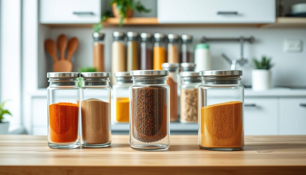 A serene and organized kitchen scene featuring uniform glass spice storage jars that embody a minimalist aesthetic. In the foreground, several sleek, cylindrical glass jars with brushed metal screw-top lids, filled with vibrant spices like paprika, turmeric, and black pepper, are neatly arranged on a clean wooden countertop. The middle ground includes a well-organized spice rack, showing off the jars in a symmetrical pattern, highlighting their transparency and uniformity. In the background, softly blurred kitchen elements like white walls and subtle greenery add a touch of warmth. The lighting is soft and natural, coming from a nearby window, creating a calm and inviting atmosphere. The image captures a modern kitchen vibe that celebrates simplicity and elegance in spice storage.