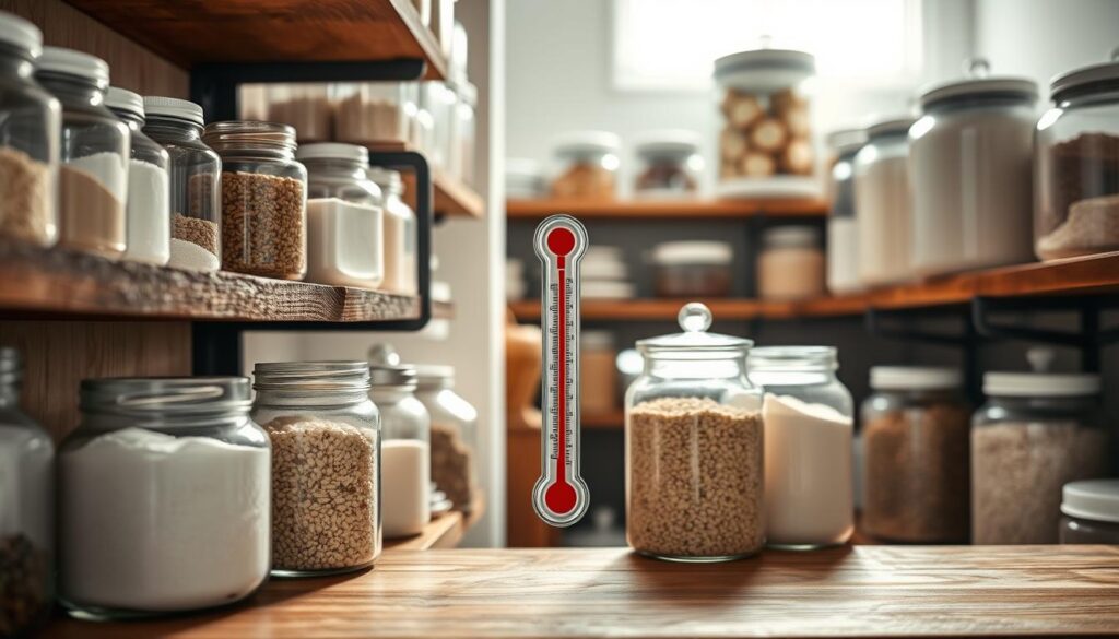 A serene and organized pantry space showcasing temperature control for long-term storage of flour, sugar, and grains. In the foreground, visually appealing glass jars filled with various grains, sugar, and flour are neatly arranged on rustic wooden shelves. In the middle, a delicate thermometer displays the ideal temperature for storage, with subtle lighting highlighting its sleek design. The background features a well-organized pantry with airtight containers and light-coloured walls, creating a clean and inviting atmosphere. Soft, natural light filters in from a nearby window, casting gentle shadows to enhance depth. The scene embodies a warm, homely mood, emphasizing the importance of temperature regulation in food storage while being aesthetically pleasing.