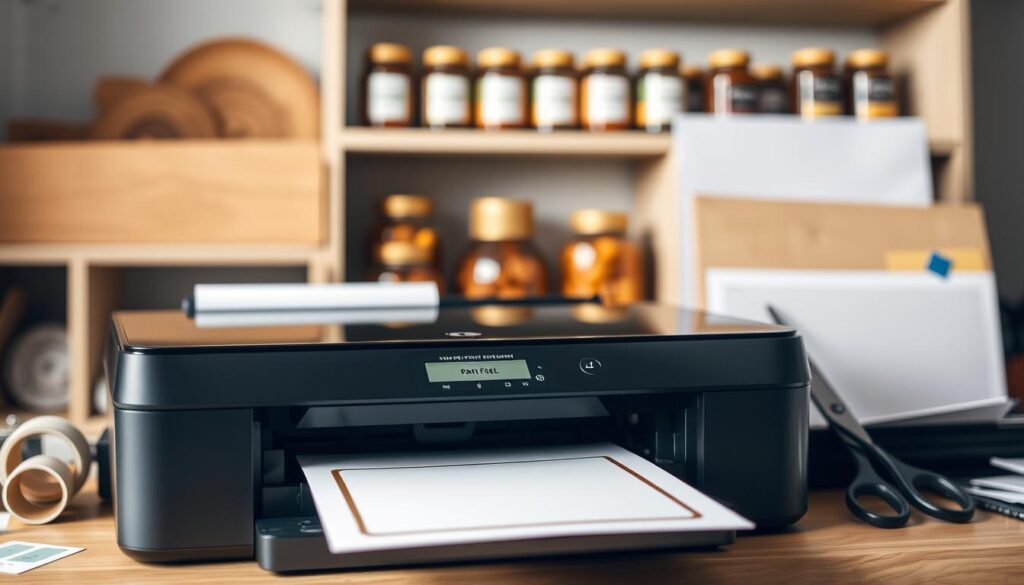 A sleek, modern laser printer sits prominently in the foreground, showcasing a glossy black finish and sharp lines. The printer's paper tray is slightly open, hinting at freshly printed gold foil pantry labels stacked neatly inside. Soft, diffused lighting illuminates the scene, highlighting the printer's details and creating a warm, inviting atmosphere. In the middle ground, a workspace is organized with various craft supplies: rolls of gold foil, a pair of scissors, and adhesive sheets, arranged methodically. The background features a blurred shelf filled with neatly labeled jars, emphasizing the theme of organization and creativity. The overall mood is one of inspiration and motivation, encouraging readers to embark on their DIY labeling projects. The angle is slightly tilted down, offering a dynamic perspective on the supplies and the printer. A sleek, modern laser printer sits prominently in the foreground, showcasing a glossy black finish and sharp lines. The printer's paper tray is slightly open, hinting at freshly printed gold foil pantry labels stacked neatly inside. Soft, diffused lighting illuminates the scene, highlighting the printer's details and creating a warm, inviting atmosphere. In the middle ground, a workspace is organized with various craft supplies: rolls of gold foil, a pair of scissors, and adhesive sheets, arranged methodically. The background features a blurred shelf filled with neatly labeled jars, emphasizing the theme of organization and creativity. The overall mood is one of inspiration and motivation, encouraging readers to embark on their DIY labeling projects. The angle is slightly tilted down, offering a dynamic perspective on the supplies and the printer.