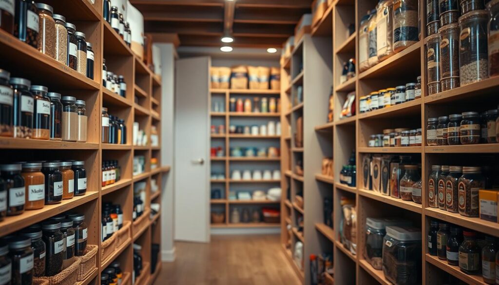 A spacious and well-lit walk-in pantry featuring neatly organized shelves filled with an array of jars, spices, and food containers. In the foreground, a close-up view of a wooden shelving unit showcases labeled baskets and canisters, emphasizing organization. The middle ground reveals a clear pathway leading deeper into the pantry, lined with additional shelves displaying pantry staples such as grains and canned goods. The background includes soft, ambient lighting that highlights the warm tones of the shelves and subtly casts shadows, creating depth. Captured from a slightly elevated angle to provide a comprehensive view, the atmosphere is inviting and functional, ideal for maximizing efficiency in a home pantry setup. A spacious and well-lit walk-in pantry featuring neatly organized shelves filled with an array of jars, spices, and food containers. In the foreground, a close-up view of a wooden shelving unit showcases labeled baskets and canisters, emphasizing organization. The middle ground reveals a clear pathway leading deeper into the pantry, lined with additional shelves displaying pantry staples such as grains and canned goods. The background includes soft, ambient lighting that highlights the warm tones of the shelves and subtly casts shadows, creating depth. Captured from a slightly elevated angle to provide a comprehensive view, the atmosphere is inviting and functional, ideal for maximizing efficiency in a home pantry setup.