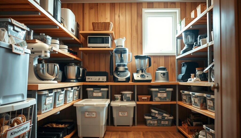 A spacious, well-organized pantry featuring a variety of heavy kitchen appliances, such as a stand mixer, food processor, and blender, arranged strategically on sturdy shelves. The foreground showcases neatly labeled storage bins filled with kitchen essentials, while the middle ground highlights the appliances, displayed with care to emphasize safety in access and arrangement. In the background, wooden shelving with a warm finish is illuminated by soft, natural light pouring in from a nearby window, creating an inviting atmosphere. The composition should convey a sense of order and functionality, with appliances positioned for easy reach while maintaining a safe distance from one another. Capture the angle from slightly above eye level, showcasing the depth and organization of the entire pantry space.