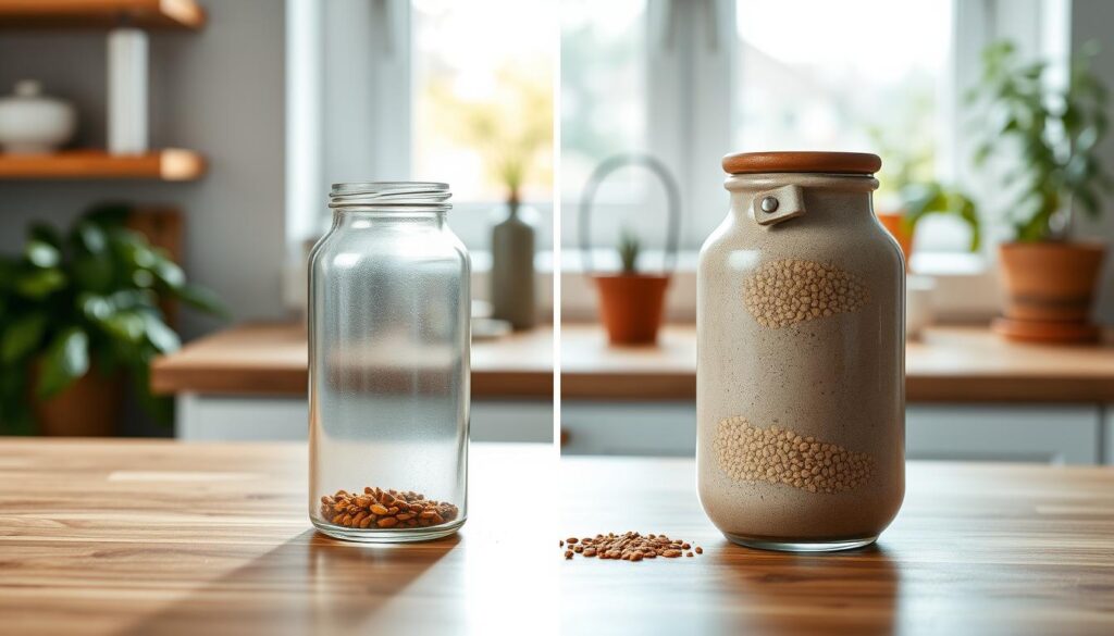 A split-image scene showcasing the differences between ceramic and glass jars for food storage. In the foreground, a polished wooden countertop holds two jars side by side: one made of sleek, frosted glass and the other a textured, earthy ceramic. The glass jar is filled with brightly colored spices, while the ceramic jar contains rustic grains. In the middle ground, soft morning light filters through a nearby window, casting gentle shadows and highlighting the sheen of the glass and the matte finish of the ceramic. The background features a cozy kitchen environment with a hint of greenery from potted herbs. The atmosphere is warm and inviting, emphasizing practicality and safety in food storage options. Use a shallow depth of field to focus on the jars while softly blurring the surroundings.