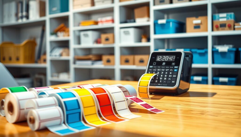 A stylish and organized workspace showcasing an assortment of colorful labels neatly arranged beside a modern label maker. In the foreground, focus on a variety of label rolls, each featuring different colors and sizes, positioned on a polished wooden desk. In the middle ground, the sleek label maker, designed with a digital display and tactile buttons, should be prominently displayed, ready for use. The background features soft-focus shelves filled with office supplies and storage bins, conveying a sense of order. The lighting is bright and inviting, mimicking natural daylight, casting gentle shadows across the scene. The overall mood is efficient and inspiring, illustrating a functional yet aesthetically pleasing space for quick label updates.