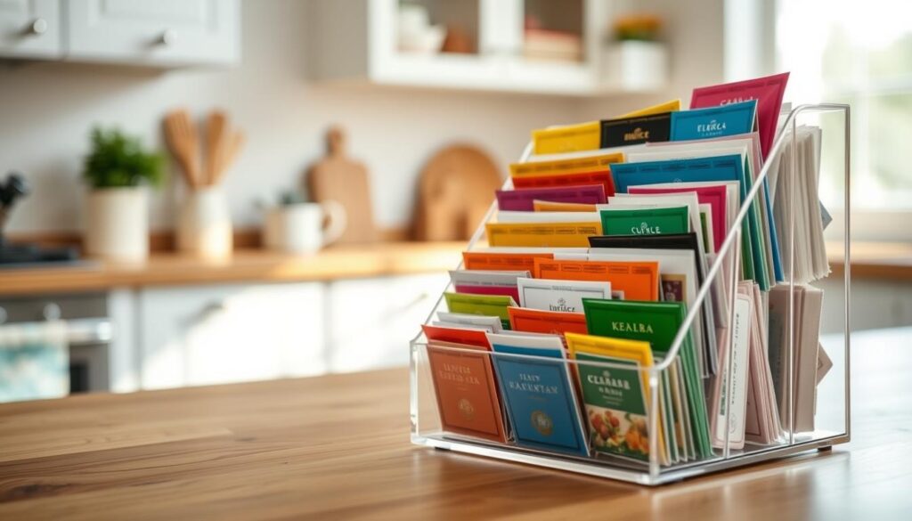 A stylish tea bag organizer displayed prominently in the foreground, featuring neatly arranged compartments showcasing an array of colorful tea bags in various flavors. The organizer is made of clear acrylic with a sleek, modern design, allowing the vibrant colors and intricate packaging of the tea bags to stand out. In the middle ground, a softly blurred wooden kitchen counter is visible, setting a cozy ambiance. The background features a softly lit kitchen with light streaming in through a window, creating a warm and inviting atmosphere. The overall mood is organized, cheerful, and perfect for tea enthusiasts. Use natural lighting to highlight the tea bags and the clarity of the organizer, with a slightly angled perspective to emphasize depth. A stylish tea bag organizer displayed prominently in the foreground, featuring neatly arranged compartments showcasing an array of colorful tea bags in various flavors. The organizer is made of clear acrylic with a sleek, modern design, allowing the vibrant colors and intricate packaging of the tea bags to stand out. In the middle ground, a softly blurred wooden kitchen counter is visible, setting a cozy ambiance. The background features a softly lit kitchen with light streaming in through a window, creating a warm and inviting atmosphere. The overall mood is organized, cheerful, and perfect for tea enthusiasts. Use natural lighting to highlight the tea bags and the clarity of the organizer, with a slightly angled perspective to emphasize depth.