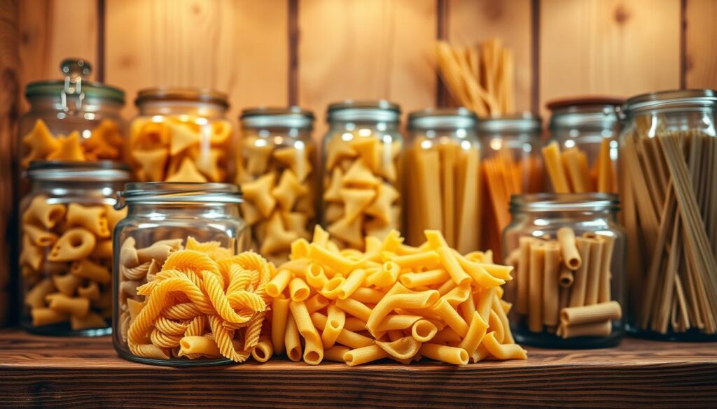 A variety of pasta shapes displayed in organized glass jars and containers on a rustic wooden kitchen shelf. In the foreground, focus on an elegantly shaped fusilli and a vibrant penne, with their unique textures vividly highlighted. In the middle, arrange diverse pasta types like farfalle, orecchiette, and spaghetti in clear containers, allowing the viewer to appreciate their forms. The background features a softly blurred pantry setting, showcasing natural wooden elements and warm, ambient lighting that creates a cozy atmosphere. Use a shallow depth of field to emphasize the pasta while the background remains softly out of focus. The overall mood should convey a sense of organization and culinary creativity, evoking the feeling of a well-stocked, efficient pantry space.