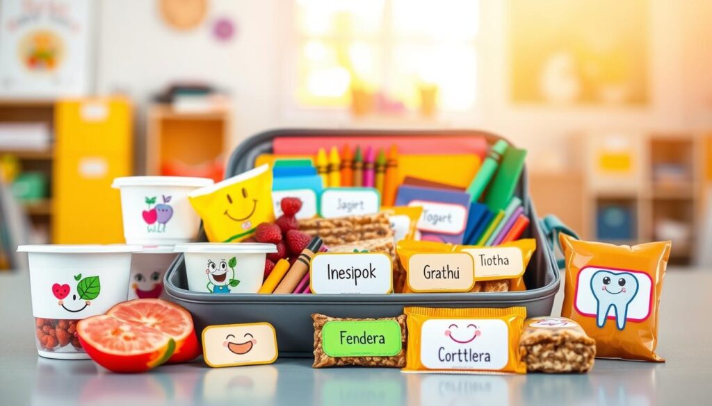 A vibrant and engaging scene showcasing colorful name labels designed for young children. In the foreground, a cheerful array of labels attached to various snacks, like fruit slices, yogurt containers, and granola bars, each featuring playful icons such as a smiling apple, a cartoon yogurt cup, and a friendly tooth. In the middle, a neatly organized lunchbox displaying these labeled snacks beside school supplies like crayons and notebooks, all in bright, inviting colors. The background softly blurs out a classroom setting with a warm, natural light filtering through a window, creating a friendly and safe atmosphere. The entire image has a playful, child-friendly vibe, emphasizing the ease of identifying personal items through icon-based labeling without any text. A vibrant and engaging scene showcasing colorful name labels designed for young children. In the foreground, a cheerful array of labels attached to various snacks, like fruit slices, yogurt containers, and granola bars, each featuring playful icons such as a smiling apple, a cartoon yogurt cup, and a friendly tooth. In the middle, a neatly organized lunchbox displaying these labeled snacks beside school supplies like crayons and notebooks, all in bright, inviting colors. The background softly blurs out a classroom setting with a warm, natural light filtering through a window, creating a friendly and safe atmosphere. The entire image has a playful, child-friendly vibe, emphasizing the ease of identifying personal items through icon-based labeling without any text.
