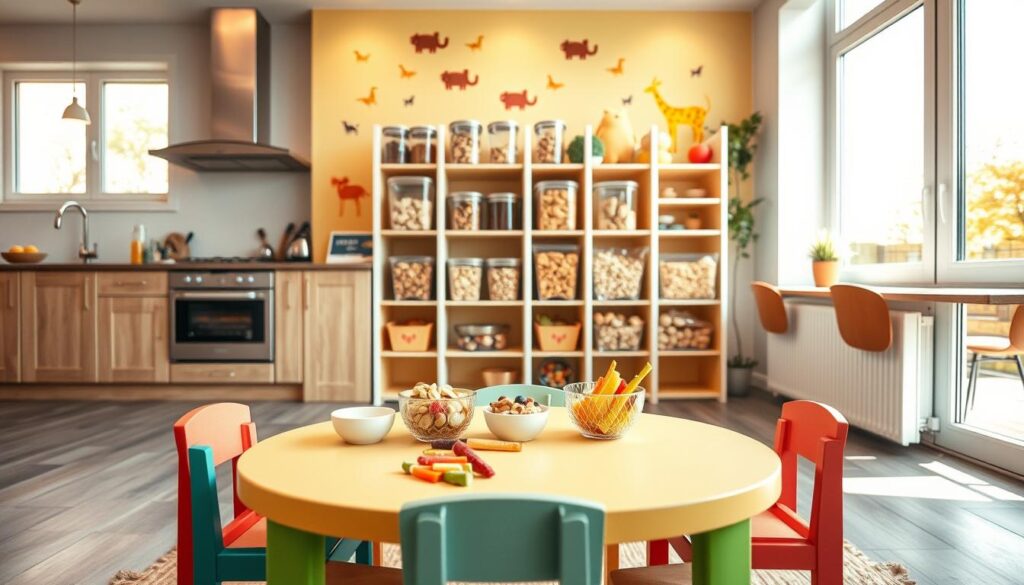 A vibrant and inviting kid-friendly snack zone in a modern kitchen. In the foreground, a colorful, low table surrounded by miniature chairs is adorned with various healthy snacks like fruit skewers, yogurt cups, and colorful vegetable sticks. In the middle, a child-friendly shelving unit displays containers of dry cereals and nuts, all neatly organized and easy to reach. Bright, playful decor featuring animal motifs accentuates the walls, creating a joyful atmosphere. In the background, large windows allow warm, natural light to pour in, illuminating the cheerful scene. The angle captures the entire snack zone with a slight tilt, emphasizing the coziness and accessibility of this happy space, evoking feelings of independence and order for children.