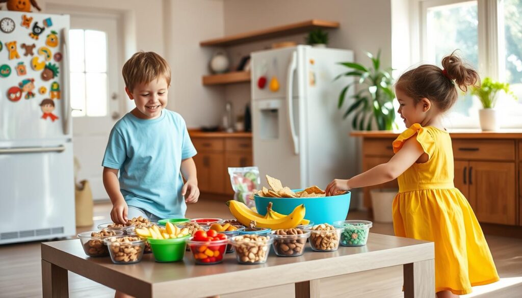 A vibrant and organized kid-friendly snack zone in a bright, cheerful kitchen. In the foreground, two children, a boy and a girl, both around six years old, are happily reaching for healthy snacks from a colorful assortment displayed on a low table. The boy is wearing a light blue t-shirt and shorts, while the girl is dressed in a sunny yellow dress. In the middle, the snack table is filled with fruits, colorful containers of nuts, and whole-grain crackers, surrounded by playful decor like cartoon character magnets on the refrigerator. In the background, sunlight streams in through a large window, creating a warm and inviting atmosphere, while plants add a lively touch. The scene conveys a sense of independence and joy in snacking choices.