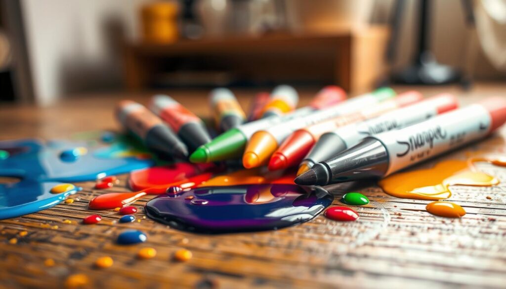 A vibrant, close-up image of spilled paint from a colorful assortment of paint pens and sharpie markers, lying on a textured wooden surface. The foreground features drips and splatters of various hues, showcasing their glossy texture and vivid pigmentation. In the middle ground, the paint pens and sharpies are positioned artistically, displaying their tips and labels harmoniously. The background fades into a softly blurred studio setting, with warm, diffused lighting that creates a cozy atmosphere. A subtle reflective sheen highlights the paint, enhancing the sense of depth and realism. Emphasize the theme of "permanence" with a backdrop that feels inviting yet thought-provoking, evoking curiosity about the longevity of labels.