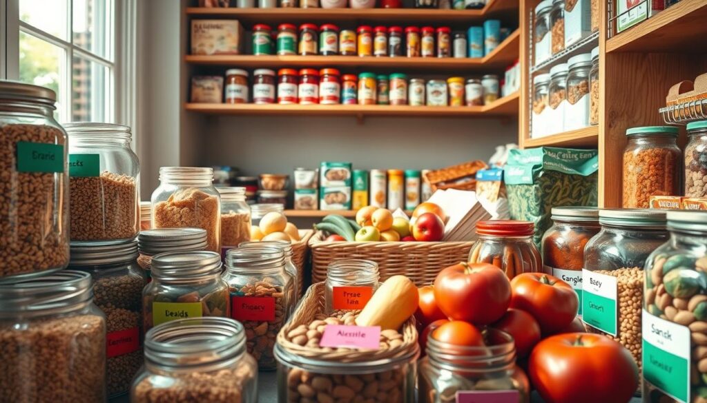 A vibrant, organized pantry showcasing a variety of food items in clear, labeled containers. The foreground features neatly arranged glass jars filled with grains, legumes, and snacks, color-coded with bright labels indicating various dietary needs. In the middle, small baskets hold fresh fruits and vegetables, each labeled with specific colors that represent different diets. The background consists of wooden shelves lined with neatly stacked canned goods and boxed foods, all arranged harmoniously. Soft, natural light streams in through a nearby window, casting gentle shadows and creating a warm, inviting atmosphere. The perspective is slightly angled to give depth to the scene, emphasizing organization and accessibility while illustrating a practical approach to color-coding food items for dietary needs.