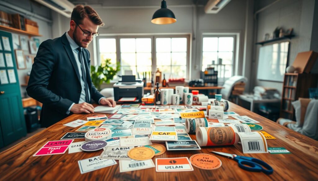 A vibrant workspace featuring an assortment of customizable labels spread elegantly across a rustic wooden table. In the foreground, a professional business person, dressed in smart casual attire, examines a colorful array of labels, each showcasing unique designs and typography. The middle ground is filled with rolls of blank label paper and various labeling tools, like a printer, scissors, and cutting tools, emphasizing the customization process. In the background, soft, natural light filters through a large window, illuminating a mood of creativity and innovation. The overall scene conveys a warm and inviting atmosphere, highlighting the importance of personalized labeling for enhancing branding and product appeal.