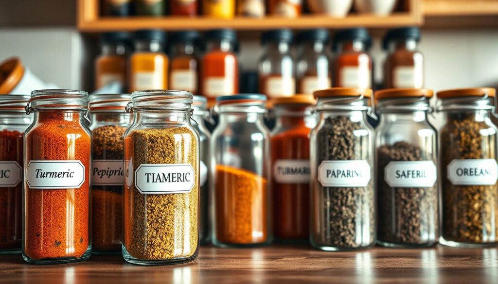 A visually captivating display of spice jars showcasing both top and side labeling methods. In the foreground, a cluster of elegantly designed glass spice jars filled with vibrant spices like turmeric, paprika, and oregano, each clearly labeled for easy identification. The middle ground features a neatly organized spice rack, highlighting the contrasting labeling styles—some jars with top labels visible, others with side labels facing outward. In the background, warm kitchen hues and soft, diffused lighting enhance the inviting atmosphere, emulating a cozy home cooking environment. Use a shallow depth of field to focus on the jars, creating a dreamy yet informative composition that emphasizes functionality and organization in spice storage.