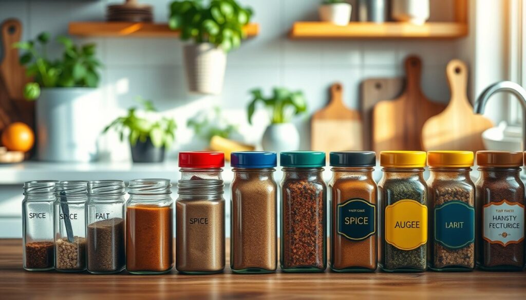 A visually engaging kitchen scene featuring various spice jars with distinct, colorful labels displaying spice names. In the foreground, several jars are arranged neatly on a wooden countertop, showcasing a mix of glass and ceramic textures. Middle ground highlights a set of neatly organized spice jars, some with top labels and others with side labels, emphasizing their clarity and appeal. The background features a softly blurred kitchen setting, including herbs in pots and a wooden cutting board, enhancing the homey atmosphere. The lighting is warm and inviting, creating a cozy ambiance, with sunlight streaming through a kitchen window, casting soft shadows. The overall mood is organized, vibrant, and inspiring, ideal for a busy home cook.