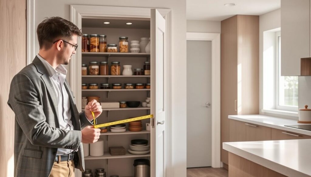 A well-designed corner pantry in a modern kitchen, showcasing an individual measuring the door swing. In the foreground, a person dressed in smart casual attire holds a measuring tape, focused on the door's hinge. In the middle, the corner pantry features sleek shelving filled with organized jars and containers. The background displays minimalistic kitchen elements, such as a countertop and light-colored cabinets, enhancing the space's depth. Soft, natural lighting pours in from a nearby window, highlighting the textures of wood and metal. The overall atmosphere is functional yet aesthetically pleasing, emphasizing the importance of accurate measurements for maximizing pantry space efficiency.