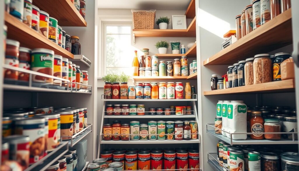 A well-lit pantry featuring tiered step organizers, designed to display an array of canned goods, sauces, and dry ingredients. Foreground: a close-up of a harmonious arrangement of colorful cans, showcasing their labels clearly, organized neatly on different levels of the step organizer. Middle ground: the tiered shelves rise seamlessly, emphasizing depth and creating an inviting feel, while natural sunlight filters in, casting soft shadows and highlighting textures. Background: a clean, subtly decorated pantry space with wooden shelves, some small potted herbs, and an organized aesthetic that enhances the overall appeal. The atmosphere should feel bright, tidy, and functional, conveying a sense of order and ease in accessing pantry items. Use a warm color palette, richness in detail, and a slight angle to capture the staircase effect of the organizers.