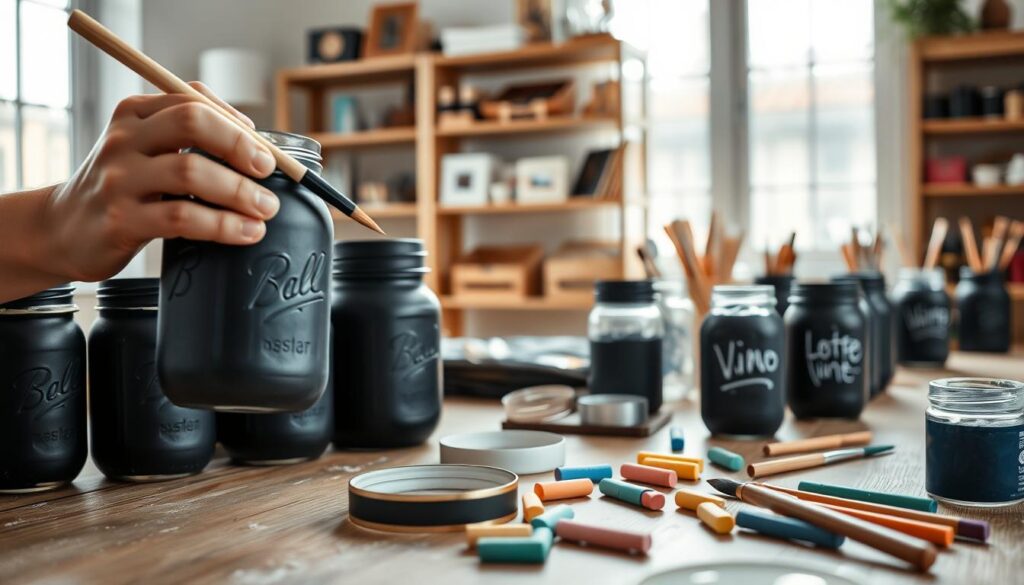 A well-lit workspace set up for painting mason jars with chalkboard paint. In the foreground, a pair of hands gently holding a mason jar, paintbrush in the other hand, applying a smooth coat of matte black chalkboard paint to the jar's surface. Several jars in various stages of painting are arranged neatly. In the middle, a wooden table covered with painter’s tape, various paintbrushes, a small container of chalkboard paint, and colorful chalk pieces scattered around. The background features soft-focus shelves filled with art supplies and painted jars labeled with chalk. Natural daylight streaming through a nearby window creates a bright and inviting atmosphere, enhancing the DIY spirit. The composition is inviting and organized, emphasizing creativity and crafting.