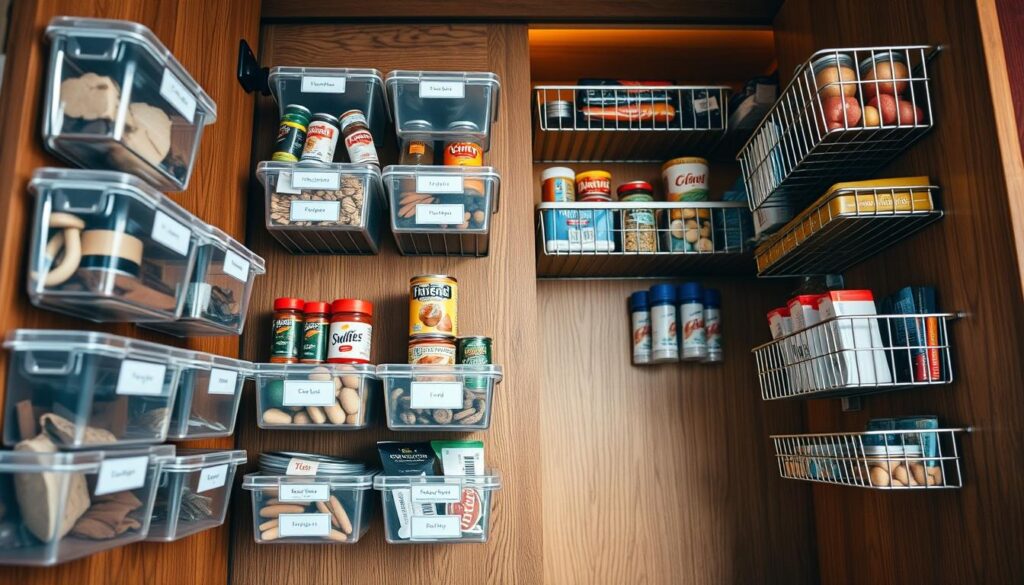 A well-organized door pantry organizer mounted on a wooden pantry door, featuring an array of clear plastic bins and stylish wire baskets filled with various food items like spices, snacks, and canned goods. The foreground showcases the details of the bins, including labels and neatly arranged contents, creating a sense of order. The middle layer captures the pantry door itself, made of rich oak, with a warm light illuminating the space. In the background, soft shadows suggest a cozy kitchen ambiance. The scene is captured with a shallow depth of field, using a wide-angle lens to emphasize the pantry organizer while keeping the details in soft focus. The overall mood is inviting and functional, highlighting the potential for maximizing space in home storage solutions.