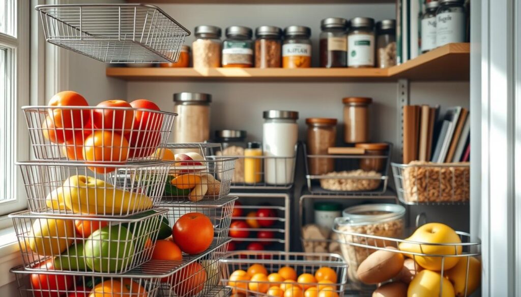 A well-organized kitchen pantry featuring a variety of wire and solid metal baskets. In the foreground, a collection of neatly stacked, elegant wire baskets holding fresh fruits and vegetables, showcasing their breathable design. The middle ground shows several solid metal baskets, some filled with pantry staples like grains and spices, highlighting their sturdiness and sleek finish. The background displays shelves adorned with neatly labeled jars and cookbooks, creating a warm and inviting atmosphere. Soft, natural lighting streams in from a nearby window, casting gentle shadows that enhance the textures of the baskets. The mood is cozy and functional, emphasizing practicality for kitchen storage. The camera angle is slightly elevated, allowing a clear view of the pantry's organization.