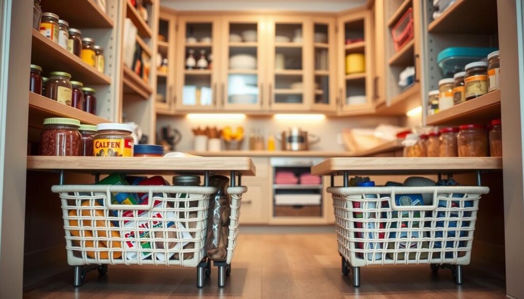 A well-organized kitchen pantry featuring innovative under-shelf baskets that optimize space, positioned prominently in the foreground. The baskets are filled with various pantry items like jars, canned goods, and baking supplies, showcasing how they maximize storage efficiency. In the middle ground, cabinets and shelves are neatly arranged, revealing the organization system that highlights increased accessibility and order. The background displays a softly lit kitchen environment, with warm, natural lighting that enhances the inviting atmosphere. The angle is a slightly elevated perspective, capturing both the functionality and aesthetic appeal of the pantry setup. The overall mood is tidy, practical, and inspiring for anyone looking to improve their kitchen organization.