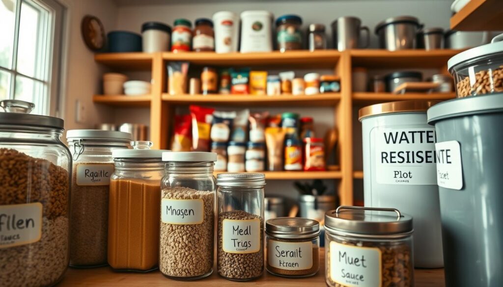 A well-organized kitchen pantry featuring water-resistant labels on various containers, prominently displayed in the foreground. The containers include glass jars, plastic bins, and metal tins, each labeled with clear, colorful waterproof labels that resist moisture. In the middle ground, a wooden shelving unit holds multiple organized items, showcasing a neat arrangement of ingredients like grains, spices, and snacks, while a few drops of water can be seen glistening on the labels, highlighting their durability. The background features a softly lit kitchen environment with warm, natural lighting filtering through a window, creating a cozy and inviting atmosphere. The image captures a sense of order and practicality, emphasizing the importance of durable labeling for maintaining organization in the pantry amidst everyday kitchen activities.
