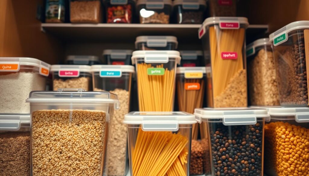 A well-organized kitchen pantry filled with an array of BPA-free plastic storage containers, neatly labeled, showcasing a variety of dry foods like grains, pasta, and legumes. The foreground features a clear, practical container with a transparent lid, displaying vibrant quinoa, while others behind it hold rice and spaghetti. In the middle of the image, colorful labels on containers highlight their contents, emphasizing organization and accessibility. The background includes shelves lined with additional BPA-free containers, all under warm, inviting lighting that casts soft shadows, creating a cozy kitchen atmosphere. The image is captured from a slightly elevated angle, giving a comprehensive view of the pantry, evoking a sense of comfort and health-conscious food preservation.
