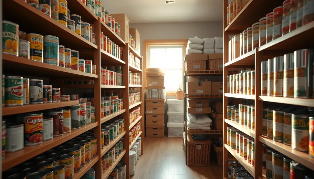 A well-organized kitchen pantry filled with an array of canned goods showcased on tiered wooden shelves. In the foreground, various canned items, labeled and arranged by type, create an inviting display. The middle ground features neat, labeled racks that neatly hold additional cans, with a warm, cozy feel enhanced by soft, natural light streaming in from a nearby window. In the background, slightly blurred, there are stacks of boxes and a few baskets for dry goods, adding depth to the scene. The atmosphere is organized and serene, suggesting a space ready for further organization. The camera angle is slightly elevated, capturing the depth of the pantry while maintaining a clear focus on the shelves and cans.