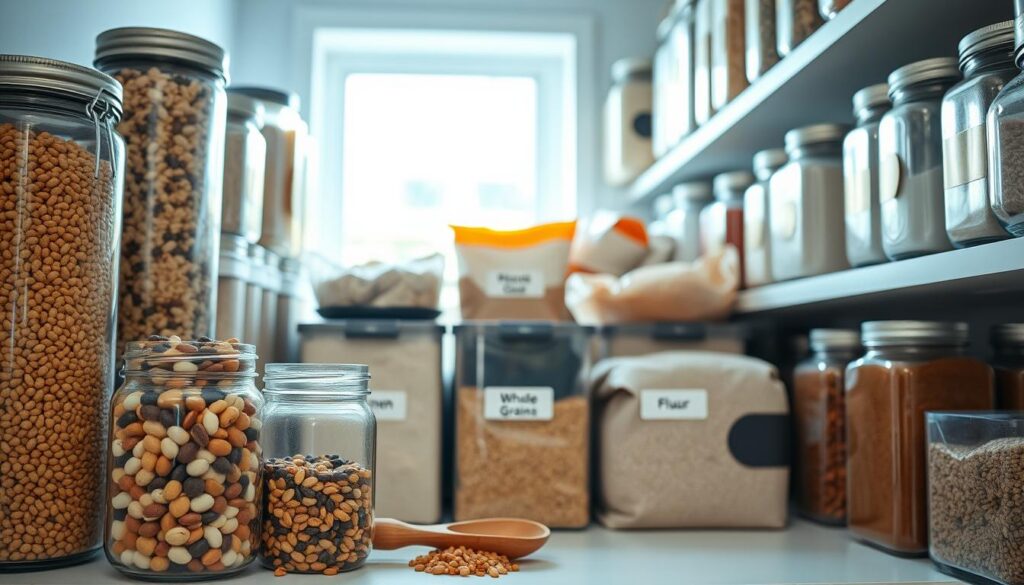 A well-organized kitchen pantry filled with bulk food items, showcasing neatly stacked containers of grains, legumes, and spices. In the foreground, a clear glass jar holds colorful dry beans, while a wooden scoop rests beside it. The middle section features labeled bins with whole grains and flour, and a few vacuum-sealed bags of nuts placed artistically. The background reveals shelves lined with mason jars and clear storage containers, creating an inviting and uncluttered atmosphere. Soft natural light filters in from a nearby window, highlighting the rich textures and earthy tones of the food items. The mood is calm and inspiring, evoking a sense of order and practicality, perfect for planning bulk buys efficiently without creating clutter.