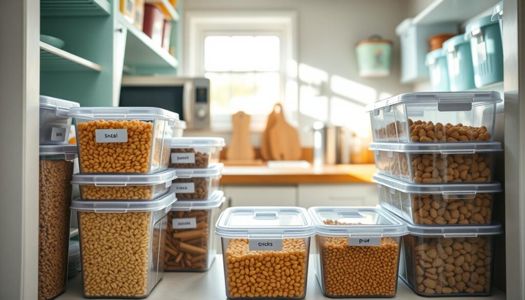 A well-organized kitchen pantry showcasing BPA-free plastic storage bins filled with a variety of dry foods. In the foreground, focus on clear, stackable containers with labeled lids, featuring grains, pasta, and snacks. The middle ground displays shelves lined with labelled pantry bins in pastel colors, arranged in an orderly fashion. In the background, faint outlines of kitchen appliances and a warm wooden countertop create a cozy atmosphere. Soft, natural lighting filters in from a nearby window, casting gentle shadows and highlighting the textures of the food and containers. The mood is inviting and practical, emphasizing the importance of safe food storage solutions for long-term use. The perspective is slightly elevated, capturing the entire pantry scene in a clean and organized manner.