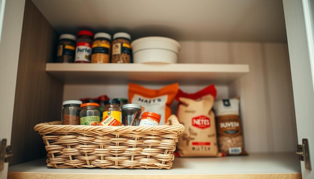 A well-organized kitchen pantry showcasing a stylish under-shelf basket filled with various pantry items. In the foreground, the basket is made of natural woven material, displaying neatly arranged jars of spices and snacks. The middle ground features an open pantry shelf, with vibrant sacks of grains and legumes alongside the basket, emphasizing the extra storage capacity. The background shows softly lit wooden shelves, creating a warm and inviting atmosphere. The lighting is bright but soft, highlighting the textures of the basket and creating gentle shadows. The angle is slightly from above, providing a comprehensive view of the shelf space. The overall mood is cozy and functional, capturing the essence of efficient pantry organization.
