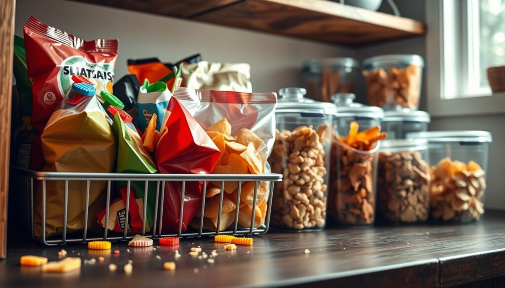 A well-organized kitchen pantry showcasing a variety of chip bags and snack bags stored in both colorful chip clips and sleek airtight containers. In the foreground, focus on a vibrant selection of chip bags, some sealed with bright, playful chip clips, while others are housed in transparent, modern containers with secure lids. The middle ground features a rustic wooden shelf, holding the chip bags and containers, while scattered crumbs hint at recent snack enjoyment. In the background, soft, natural light filters through a window, casting gentle shadows and creating an inviting atmosphere. The image captures a sense of tidiness and practicality, highlighting the comparison between the two methods of chip storage. Use a shallow depth of field to accentuate the foreground elements, inviting viewers into the kitchen space.