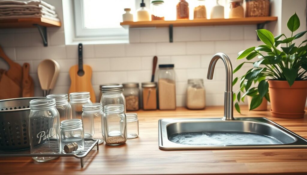 A well-organized kitchen prep space focused on cleaning airtight jars. In the foreground, a wooden countertop displays various clean airtight jars of different sizes, arranged neatly next to a colander and a dish rack. In the middle ground, a stainless steel sink filled with soapy water reflects soft, warm kitchen lighting, hinting at a bright kitchen window above. A vibrant house plant peeks in from the edge, adding a touch of greenery. The background features simple kitchen shelves stocked with cleaning supplies like sponge, dish soap, and cloth towels, along with jars filled with grains and spices. The overall atmosphere is inviting and calm, showcasing a clean, functional workspace designed for efficient pantry container maintenance. The scene is captured with a slightly overhead angle, enhancing the sense of neatness and organization.