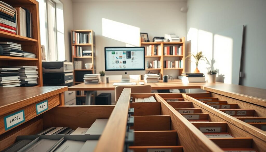 A well-organized office space featuring a detailed plan labeling system. In the foreground, various labeled drawers and hidden bins, clearly showing color-coded labels for quick identification. In the middle, a wooden desk with neatly stacked organizational materials and a computer displaying a digital labeling software interface. In the background, a tidy bookshelf filled with organizing books, creating a sense of structure. Soft, natural light streams through a nearby window, casting gentle shadows and creating a warm, inviting atmosphere. The image should focus on clarity and organization, emphasizing the importance of planning in an effective labeling system. The mood is professional and inspiring, ideal for a workspace conducive to productivity.