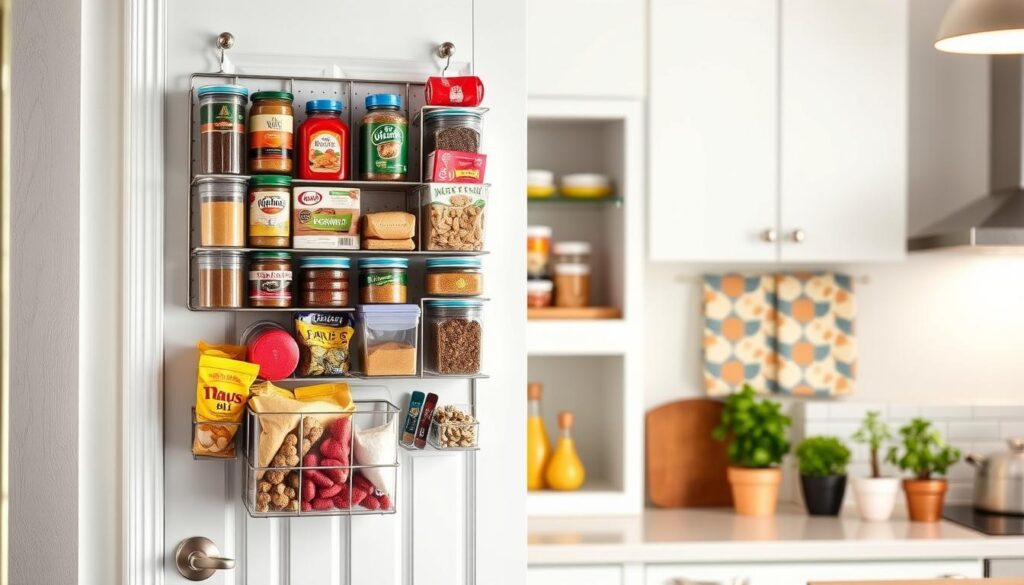 A well-organized over-the-door pantry organizer filled with various food items, such as canned goods, bags of snacks, and spices, neatly arranged in clear containers. In the foreground, showcase the door-mounted shelving unit, featuring adjustable compartments and hooks, emphasizing its spatial efficiency. In the middle, depict a bright, modern kitchen setting, with warm, soft lighting illuminating the organizer, creating an inviting atmosphere. The background should feature a hint of colorful kitchen decor, such as patterned dish towels and potted herbs on a countertop, adding a vibrant touch. Capture the image at an angle that highlights the accessibility of the organizer while maintaining focus on its stylish functionality. No people in the scene; the overall mood is organized and cheerful, showcasing practical storage solutions.