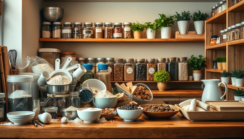 A well-organized pantry baking station, showcasing a harmonious blend of functionality and aesthetics. In the foreground, a sturdy wooden countertop cluttered with baking essentials: flour, sugar, measuring cups, and mixing bowls neatly arranged in an appealing manner. In the middle ground, shelves filled with neatly labeled jars containing various baking ingredients such as spices, chocolate chips, and nuts, subtly enhancing the atmosphere of order. The background features a softly lit pantry space with warm, inviting lighting that highlights wooden shelves and fresh herbs in small pots. The atmosphere is cozy and inspiring, encouraging creativity and productivity in baking. Utilize a wide-angle lens to capture the entire scene, ensuring a focus on both the details and the overall layout, evoking a sense of warmth and practicality in the kitchen.