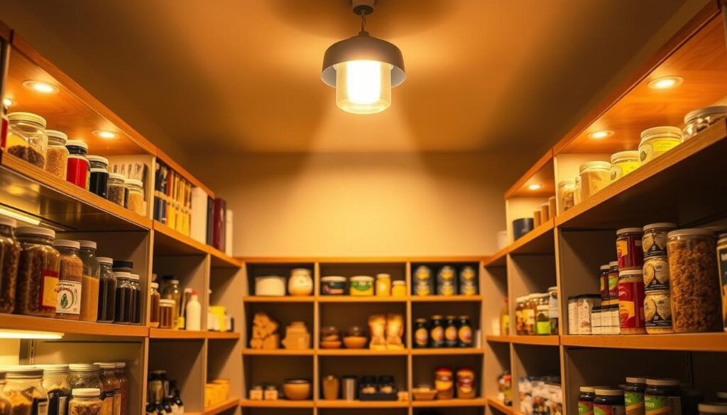A well-organized pantry illuminated by warm, wireless LED lighting. In the foreground, shelves filled with neatly arranged jars, spices, and containers catch the soft glow, highlighting their vibrant colors and textures. In the middle, a subtle beam of light cascades from a sleek, modern LED fixture hung from the ceiling, casting gentle shadows and creating a cozy, inviting atmosphere. The background features wooden shelves that extend towards the rear, showcasing an organized layout of baked goods and canned goods, with a clear focus on accessibility and visibility. The overall ambiance is bright yet warm, evoking a sense of comfort and functionality, shot from a slightly elevated angle to emphasize the height and spaciousness of the pantry.