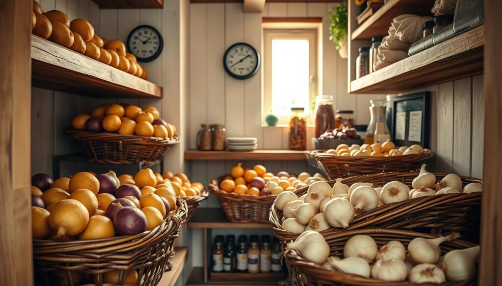 A well-organized pantry interior showcasing optimal temperature and humidity for storing potatoes, onions, and garlic. In the foreground, rustic wooden shelves hold baskets filled with these vegetables, emphasizing their earthy tones—golden potatoes, purple and yellow onions, and creamy white garlic. The middle layer features a hygrometer and thermometer mounted on the wall, displaying ideal ambient conditions, while soft natural light filters through a nearby window, casting a warm glow. The background includes jars of spices and a subtle hint of herbs, suggesting a cozy, welcoming atmosphere. The angle should be slightly elevated, capturing a broad view of the pantry setup, inviting viewers to imagine proper storage techniques. The scene conveys tranquility and homey practicality, perfect for understanding effective vegetable storage methods. A well-organized pantry interior showcasing optimal temperature and humidity for storing potatoes, onions, and garlic. In the foreground, rustic wooden shelves hold baskets filled with these vegetables, emphasizing their earthy tones—golden potatoes, purple and yellow onions, and creamy white garlic. The middle layer features a hygrometer and thermometer mounted on the wall, displaying ideal ambient conditions, while soft natural light filters through a nearby window, casting a warm glow. The background includes jars of spices and a subtle hint of herbs, suggesting a cozy, welcoming atmosphere. The angle should be slightly elevated, capturing a broad view of the pantry setup, inviting viewers to imagine proper storage techniques. The scene conveys tranquility and homey practicality, perfect for understanding effective vegetable storage methods.