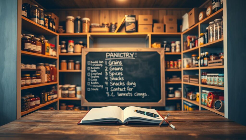A well-organized pantry inventory scene showcasing shelves filled with various neatly labeled jars, cans, and boxes of food items. In the foreground, a wooden table with an open notebook and pen, suggesting a cataloging process. Midway, a chalkboard listing categories such as grains, spices, and snacks, emphasizing organization and efficiency. The background features a well-lit pantry with warm, soft lighting that casts inviting shadows, highlighting the rich textures of wood and the vibrant colors of the food. The atmosphere is calm and methodical, embodying a sense of control and planning, perfect for a resourceful kitchen environment. The scene should have a slightly elevated angle to capture both the pantry shelves and the inventory process effectively.