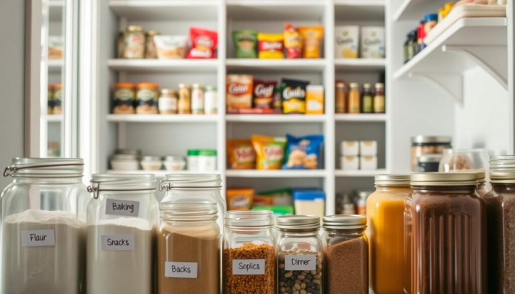 A well-organized pantry layout showcasing various zones for easy access and usability. In the foreground, neatly arranged jars of baking ingredients like flour, sugar, and spices are visible, with labels to enhance clarity. In the middle ground, shelves are divided into designated areas for snacks and dinner items, with colorful packaging visible to symbolize freshness and variety. The background features soft natural lighting filtering through a window, creating a warm and inviting atmosphere. The scene is captured from a slightly elevated angle to show depth and order in the arrangement, emphasizing the efficiency of the zoned pantry system. The mood is calm and organized, illustrating the benefits of a stress-free kitchen environment.