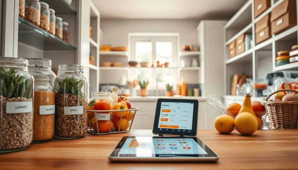 A well-organized pantry reflecting a digital inventory system. In the foreground, display neatly labeled jars filled with grains, spices, and snacks, alongside colorful produce in baskets. The middle section showcases a sleek tablet or smartphone on a wooden countertop, its screen displaying a user-friendly app interface for tracking pantry items. In the background, a bright, airy kitchen with soft, natural lighting streaming through a window, highlighting modern shelving stocked with assorted food items. The atmosphere is inviting and practical, conveying the ease of maintaining an organized pantry with digital tools. Use a slightly elevated angle for an expansive view, ensuring clarity and warmth in the color palette.