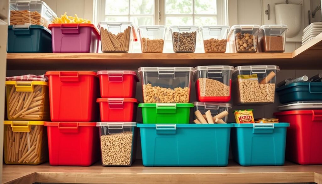 A well-organized pantry scene featuring a variety of stacking storage bins designed to prevent toppling. In the foreground, showcase colorful, sturdy bins in multiple sizes, neatly arranged and partially filled with dry goods like pasta, grains, and snacks. The middle ground should include a wooden shelf, slightly weathered, displaying these bins in descending order with clear lids showcasing their contents. In the background, soft natural light filters through a window, casting gentle shadows that accentuate the textures of the bins and the rustic shelves. The overall atmosphere is warm and inviting, emphasizing an efficient, clutter-free kitchen storage solution that invites careful selection of pantry items. Use a slightly elevated angle to capture layers, ensuring a clean, unobstructed view of the bins.