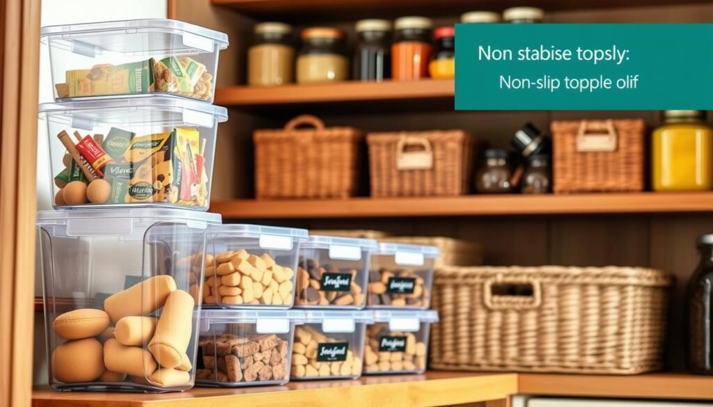 A well-organized pantry scene featuring various stackable storage bins made of transparent plastic and woven baskets, arranged neatly on wooden shelves. In the foreground, focus on a robust stack of three clear plastic bins filled with colorful snacks and pantry staples. In the middle ground, several woven baskets showcase elegant labels, stacked securely with a focus on their non-slip features. The background reveals softly blurred pantry shelves lined with jars, providing depth. The lighting is warm and inviting, creating a cozy atmosphere suitable for a home kitchen. The image is shot at a slightly elevated angle to emphasize stability, showcasing the importance of choosing bins that won't topple over.