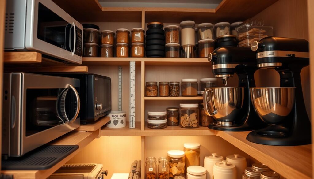 A well-organized pantry shelf filled with various heavy kitchen appliances, including a microwave, toaster oven, and stand mixer, arranged carefully to ensure stability and safety. The foreground features the appliances secured on sturdy wooden shelves, with rubber mats underneath to prevent slipping. In the middle, a measuring tape and safety guidelines visible next to the appliances emphasizing safe storage practices. The background shows neatly stacked kitchen supplies like jars and containers, with soft, warm lighting illuminating the scene to create a cozy yet functional atmosphere. The angle captures the pantry from a slightly elevated perspective, giving a clear view of the organization while conveying a sense of order and practicality.