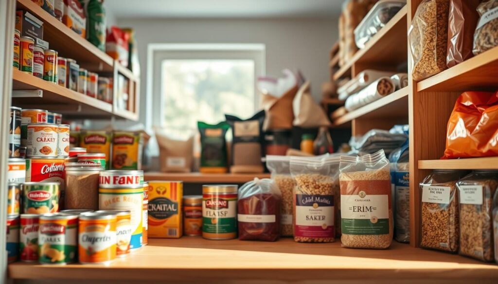 A well-organized pantry showcasing an assortment of colorful canned goods, bags of grains, and prepared meals neatly arranged on wooden shelves. In the foreground, highlight a variety of labeled cans in vibrant colors, along with packages of pasta and rice. The middle section features a few organized bags of dried beans and spices, all contributing to a sense of abundance. In the background, softly blurred, show a clean kitchen with warm, natural lighting filtering through a window, casting gentle shadows. The atmosphere is inviting and practical, embodying the importance of pantry rotation and seasonal inventory management. This image should evoke a sense of order and readiness for meal preparation, appealing visually to health-conscious readers.