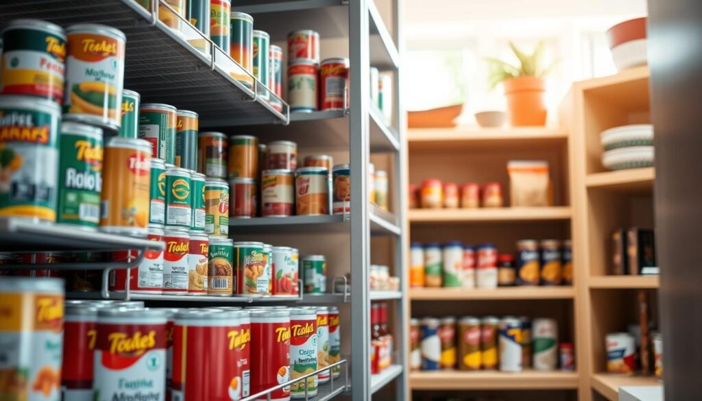A well-organized pantry showcasing tiered shelves filled with neatly arranged canned goods, emphasizing visibility and accessibility. In the foreground, focus on colorful cans in various shapes and sizes, labeled with clear, easy-to-read tags. The middle section features a sleek, modern tiered shelf unit, allowing different heights of cans to be seen easily. In the background, softly lit wooden shelves add warmth, while natural light filters in through a nearby window, creating a bright and inviting atmosphere. Capture the image from a slightly elevated angle to enhance depth, showing both the tiered organization and the array of cans. Aim for an overall mood of efficiency and organization, suggesting space-saving and practicality in a home setting.