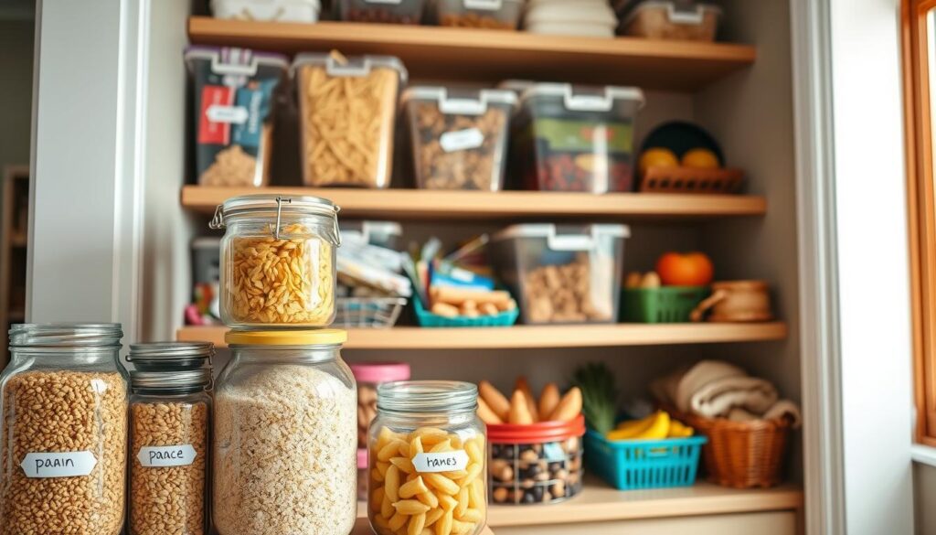A well-organized pantry storage space that demonstrates effective bulk food organization without creating clutter. In the foreground, neatly labeled glass jars filled with grains, pasta, and nuts; a stack of colorful baskets holding snacks and dried fruits. In the middle, a wooden shelf with clear bins for bulk items, all arranged logically and attractively, ensuring easy access. The background features a warm, inviting kitchen with soft, natural lighting filtering through a window, highlighting the bright colors of the food and storage containers. The overall atmosphere is tidy, functional, and aesthetically pleasing, promoting a sense of calm and efficiency in food storage. Use a slight overhead angle to capture the arrangement in a visually appealing way, emphasizing organization.