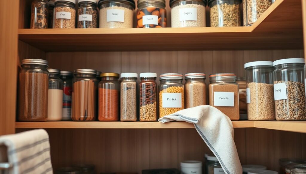 A well-organized pantry with wooden shelves displaying a variety of meticulously arranged airtight jars. The jars are clear, showcasing colorful spices, grains, and pastas. Some jars are grouped in categories, while others stand alone for visual interest. Soft, warm lighting creates a cozy atmosphere, with gentle shadows adding depth to the scene. In the foreground, a clean, slightly worn kitchen towel is casually placed on the shelf, hinting at recent cleaning. The middle focus is on the jars and neatly labeled containers, emphasizing order and hygiene. The background features slightly blurred pantry items, providing a sense of depth without distraction. This inviting and orderly space inspires a sense of refreshment and care in organizing food storage.