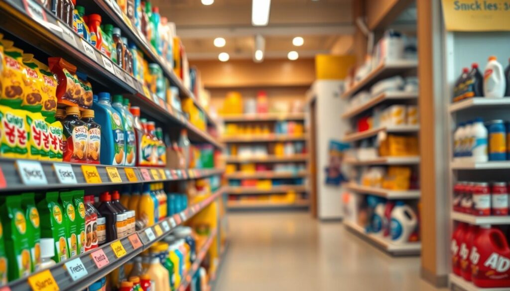 A well-organized retail shelf displaying vibrant shelf edge labels categorizing various products such as snacks, beverages, and cleaning supplies. The foreground features a close-up of neatly arranged labels in bright colors, showcasing clear, bold text indicating product categories. In the middle ground, the shelf is filled with diverse products, all facing forward for easy visibility. The background reveals a softly blurred store interior with warm lighting creating an inviting atmosphere. The scene is framed from a slight low angle, emphasizing the height of the shelves, and evoking a sense of order and professionalism in a retail environment. The overall mood conveys efficiency and attention to detail, highlighting the importance of clear labeling in enhancing store organization and boosting sales.