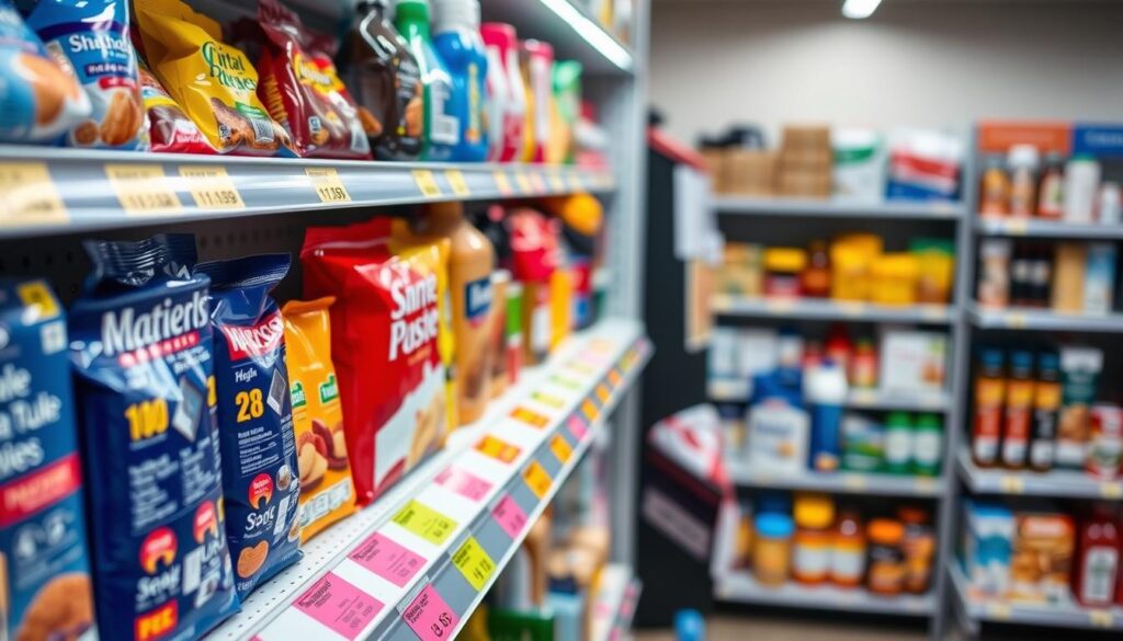 A well-organized retail shelf edge displaying various product categories, featuring brightly colored labels clearly showing pricing and product information. In the foreground, focus on the neat arrangement of items like snacks, beverages, and household goods, each with distinct, legible labels. The middle ground emphasizes the shelf’s edge, where labels align perfectly beneath each product, demonstrating effective shelf edge labeling. The background subtly suggests a well-lit store environment, with soft, diffused lighting enhancing the vibrancy of the labels. Capture the scene from a slight overhead angle to provide depth, conveying a clean, professional atmosphere that highlights the importance of effective labeling for organization and ease of access.